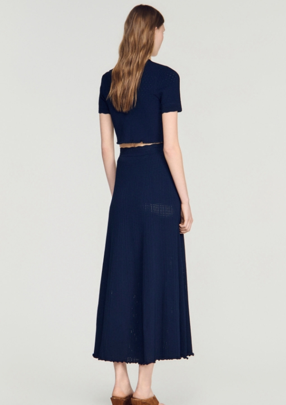 🦞Sandro Navy Knit Two‑Piece Set Cropped Top Long Midi Skirt - Picture 5 of 11